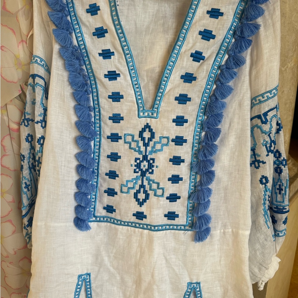 March 11 Embroidered Boho Linen Tunic Top Dress Blue / White Size M